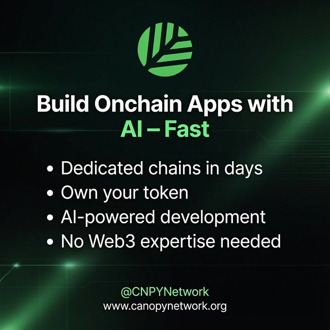 Promotional graphic for Canopy Network (@CNPYNetwork) featuring their green leaf logo and tagline "Build Onchain Apps with AI – Fast," highlighting key benefits including dedicated chains in days, token ownership, AI-powered development, and no Web3 expertise needed, with the website www.canopynetwork.org displayed at the bottom.