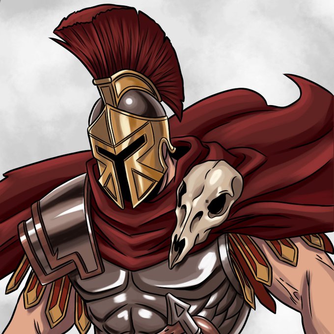 A fierce Spartan warrior in a gold-and-crimson plumed helmet, draped in a red cloak adorned with a skull, appears as the mascot for The Gilded Spartan's $ARMY token mint on XRP Cafe. The armored figure embodies the bold, battle-ready spirit of the XRP community project being launched.