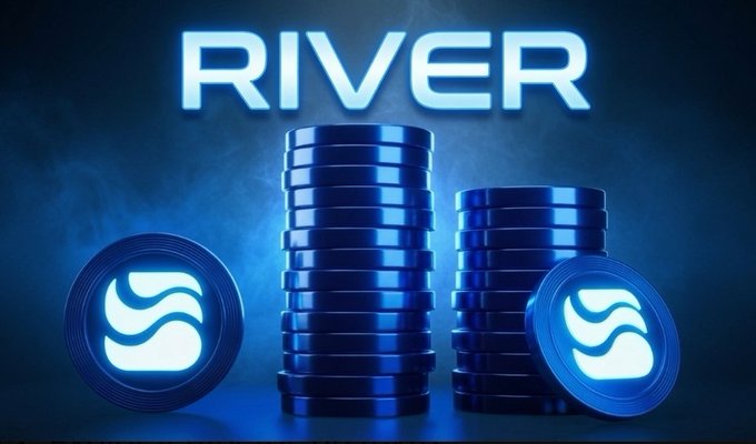 Stacks of blue coins featuring the "S" logo are displayed against a dark blue background with the word "RIVER" in glowing letters above them.