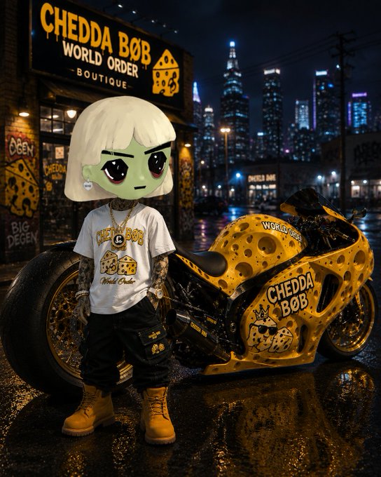 A stylized 3D-rendered character with green skin, white bob hair, and a 'CHEDDA BOB' t-shirt standing next to a yellow cheese-themed motorcycle outside a 'CHEDDA BOB WORLD ORDER BOUTIQUE' shop with a nighttime city skyline in the background.