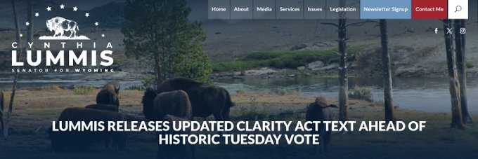 Senator Cynthia Lummis's official campaign website banner features a scenic mountain landscape with bison near a stream, displaying the headline "LUMMIS RELEASES UPDATED CLARITY ACT TEXT AHEAD OF HISTORIC TUESDAY VOTE," directly announcing the updated legislation text drop referenced in the post ahead of the pivotal Tuesday vote that will determine the act's fate in requiring 60 Senate votes.