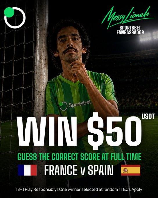 The image is a promotional giveaway graphic featuring a man with long dark hair and a mustache wearing a green and yellow striped Sportsbet jersey, leaning against a goal post with his hand near his chin. It advertises a "$50 USDT" prize for guessing the correct final score of the "France v Spain" match, and identifies him as "MessyLionel - SPORTSBET FANBASSADOR" in the top right corner. The accompanying post elaborates on the giveaway details, including entry requirements and the Thursday winner announcement, tying the visual campaign directly to a soccer score prediction contest.