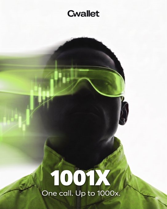 A 'Cwallet' advertisement featuring a person in green ski goggles showing a candlestick chart reflection, promoting leverage with the text '1001X One call. Up to 1000x.'