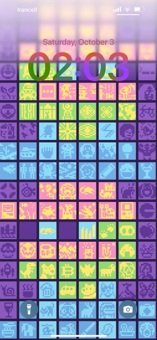 A smartphone lock screen displays "Saturday, October 3" and the time "02:03" over a colorful background of pixelated retro video game icons.