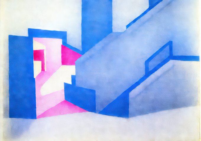 An abstract painting featuring geometric blue and pink shapes against a pale background, with sharp diagonal and angular forms.