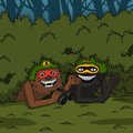 A pixel art scene showing two characters, one brown and one green, in a grassy outdoor setting.