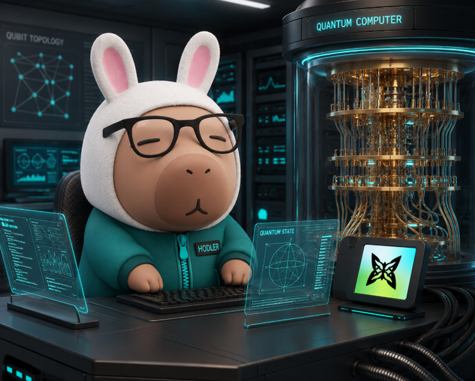 An AI-generated image of a character in a bunny hood and glasses with a 'HODLER' name tag, sitting at a computer console with a 'QUANTUM COMPUTER' in the background.