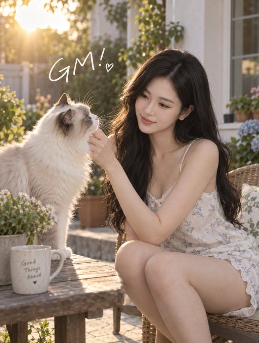 A young woman with long dark hair wearing a floral sundress sits at a wooden table on a sunny patio, petting a fluffy Ragdoll cat next to a mug reading "Good Things Ahead," with "GM! ♡" written above.