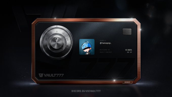 Digital trading card or badge labeled 'VAULT777' in a bronze/copper frame, featuring a safe dial, a cartoon avatar with a blue cap, handle '@hanzajango...', and 'VC-0004 / SB 17', with 'DISCORD.GG/USEVAULT777' at the bottom.
