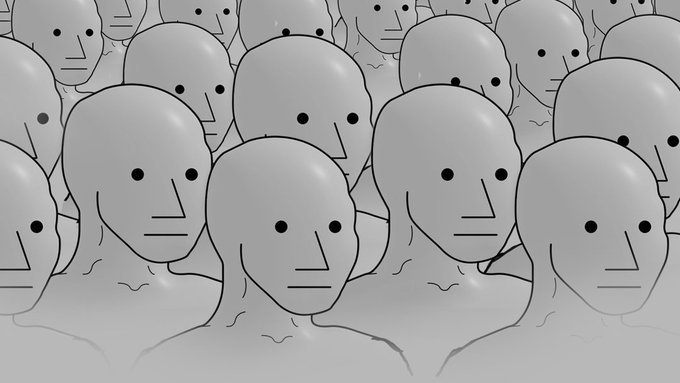 An illustration of a crowd of identical grey humanoid figures with simple dot eyes and line mouths.