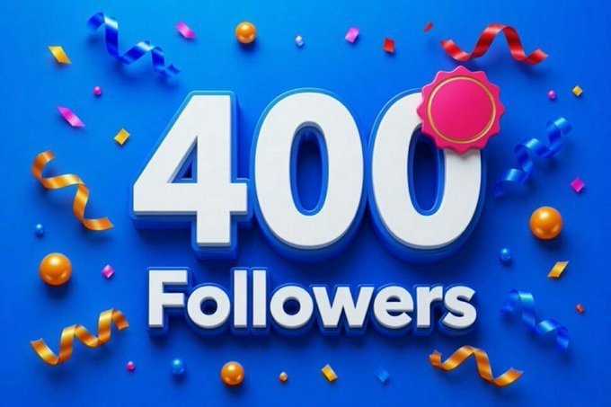 A celebratory graphic with 3D text reading '400 Followers' on a blue background with colorful confetti, ribbons, and a pink badge.
