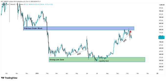 A TradingView daily chart of Binance Coin ($BNB/USDT) showing price rejected at a "Previous Order Block" supply zone between $800–$825, breaking below an ascending trendline (marked "XXX") after tapping the zone, with a highlighted "Strong Low Zone" near $700 marked as a potential "Liquidity Hunt" target. The chart visually supports the post's thesis that $BNB faced strong resistance at the $800–$825 order block, broke its uptrend, and could sweep lower toward $700.