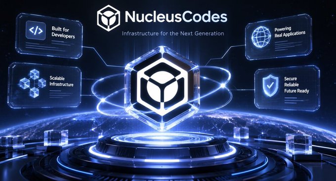 A promotional graphic for 'NucleusCodes - Infrastructure for the Next Generation' featuring a glowing blue 3D cube and four feature panels: 'Built for Developers', 'Powering Real Applications', 'Scalable Infrastructure', and 'Secure Reliable Future Ready'.