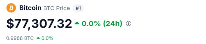 A Bitcoin price display showing BTC at $77,307.32, up 0.0% over 24 hours, ranked #1.