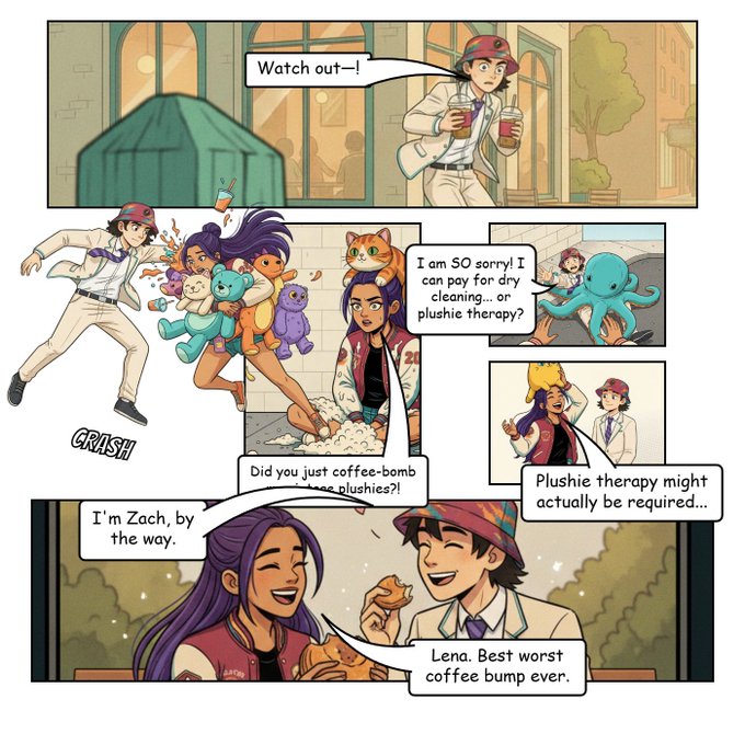 A colorful comic strip page showing a meet-cute where a man (Zach) spills coffee on a woman (Lena) carrying plush toys, leading to a playful interaction as she introduces herself and he jokingly suggests 'plushie therapy'.