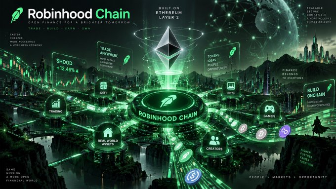 A promotional graphic for 'Robinhood Chain' built on Ethereum Layer 2, featuring a glowing green cityscape with the Ethereum logo, tagged with phrases like 'TRADE ANYWHERE', 'TOKENS FOR ALL', 'BUILD ONCHAIN', and 'SCALABLE'.