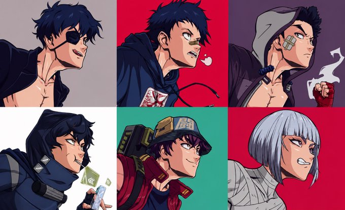 An anime-style illustration showing six panels of a dark-haired male character in various poses, outfits, and expressions across different colored backgrounds.