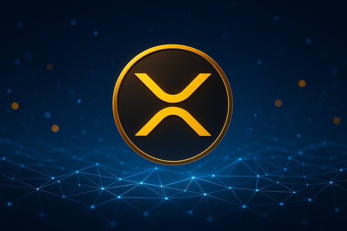 A 3D rendering of the XRP (Ripple) cryptocurrency logo, a gold 'X' on a black circle, against a dark blue digital network background.