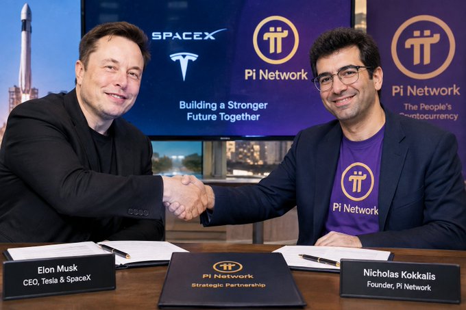 An AI-generated image depicts Elon Musk and Pi Network founder Nicolas Kokkalis shaking hands at a table with nameplates reading "Elon Musk, CEO, Tesla & SpaceX" and "Nicholas Kokkalis, Founder, Pi Network," in front of SpaceX and Pi Network banners promoting a "Strategic Partnership" to "Build a Stronger Future Together." This visual relates to the post's speculative scenario about Elon Musk potentially acquiring or partnering with Pi Network, illustrating the imagined announcement of such a deal.