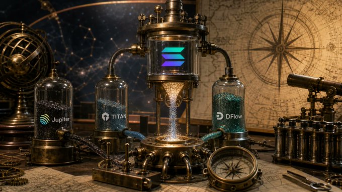 A steampunk-style alchemy apparatus processes Solana-related tokens labeled "Jupiter," "TITAN," and "DFlow" through glowing vials, visually framing the post's discussion of Solana's SGP-0003 governance proposal as a transformative mechanism that would convert flat 5,000-lamport base fees into dynamic, compute-weighted charges (0.1 lamport per requested CU, burned).