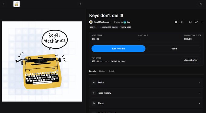 An NFT marketplace listing for "Keys don't die !!!" by Royal Mechanica on the BRC721 / ROSSWOOD CHAIN, showing a top offer of $37.81 and a collection floor of $38.00.