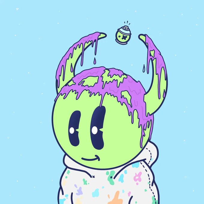 A cute green alien-like character with purple slime dripping from its horns, wearing a paint-splattered white hoodie, with a small bomb floating above its head against a starry blue background.