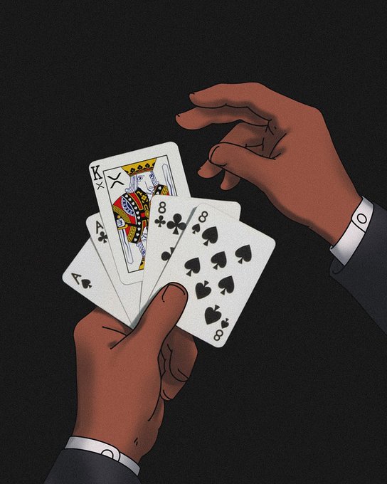 A digital illustration depicts a pair of dark-skinned hands holding a fanned hand of playing cards—the King of Spades, 8 of Clubs, Ace of Spades, and 8 of Spades—against a black background.