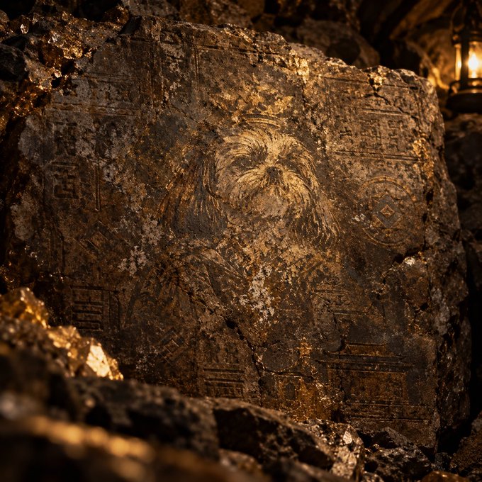 A golden rock or tablet surface carved with a detailed portrait of a bearded man, surrounded by ancient-looking symbols and illuminated by warm light.