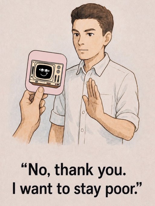 An illustration of a man in a white shirt refusing a pink device with a smiley face screen, with text reading "No, thank you. I want to stay poor."