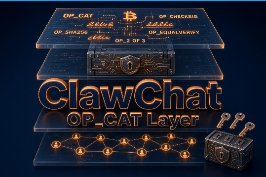 A promotional graphic titled "ClawChat OP_CAT Layer" featuring cryptocurrency operations like OP_CAT, OP_CHECKSIG, OP_SHA256, and OP_EQUALVERIFY with a Bitcoin symbol and network diagram.