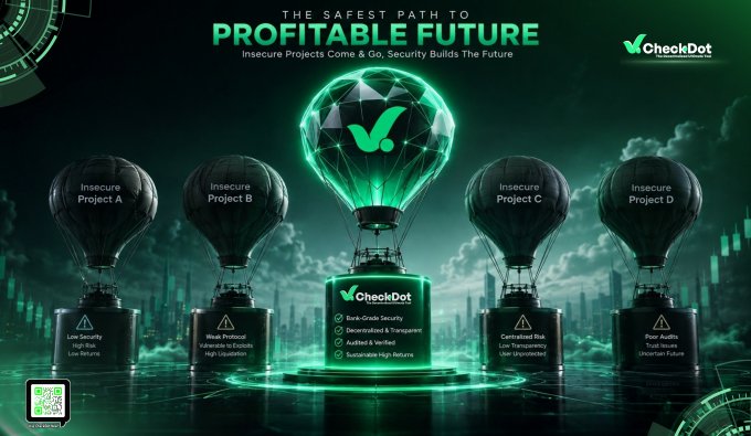 The image is a promotional graphic for CheckDot featuring four dark "Insecure Project" hot air balloons (labeled A, B, C, and D) with warning signs like "Low Security," "Weak Protocol," and "Poor Audits," contrasted against a glowing green CheckDot balloon in the center that lists attributes such as "Bank-Grade Security," "Decentralized & Transparent," "Audited & Verified," and "Sustainable High Returns." The headline reads "THE SAFEST PATH TO PROFITABLE FUTURE" with the tagline "Insecure Projects Come & Go, Security Builds The Future," visually reinforcing the post's message that CheckDot prioritizes security and transparency over the fleeting promises of unreliable DeFi protocols.