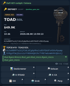 A screenshot of the DeFi KEY cockpit on Telegram shows a real-time alert for the Solana token TOAD/SOL, displaying an FDV of $49.9K, deploy date 2026.08.08, and its contract address A13oRB9FFaiUjfi6LdCg6p9ka1u8SfGkUFs4SKvPpump, which aligns with the post highlighting a market cap of $49.9K and a 431X ROI.