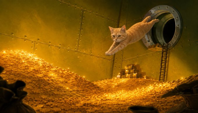 A determined orange tabby cat leaps heroically across a vast mountain of gold coins inside a vault, with a ladder leading to a porthole in the background. The image humorously visualizes the post's caption about diving headfirst into the $CAT cryptocurrency with reckless enthusiasm.