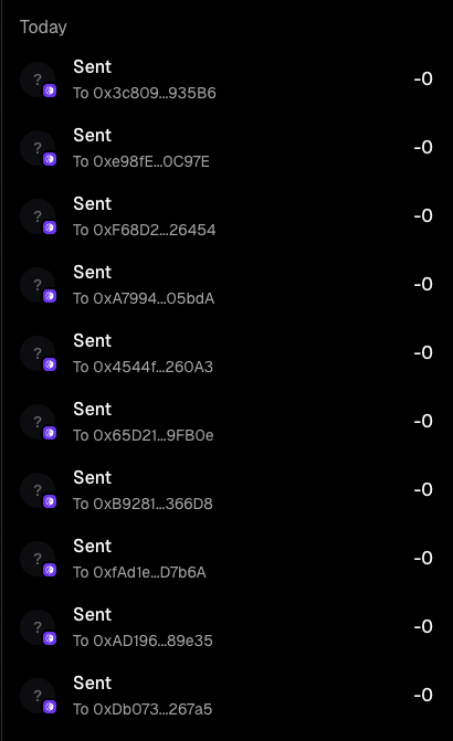 A mobile wallet activity screen displays a list of today's transactions, all showing 'Sent' to various shortened cryptocurrency addresses, each with a value of -0.
