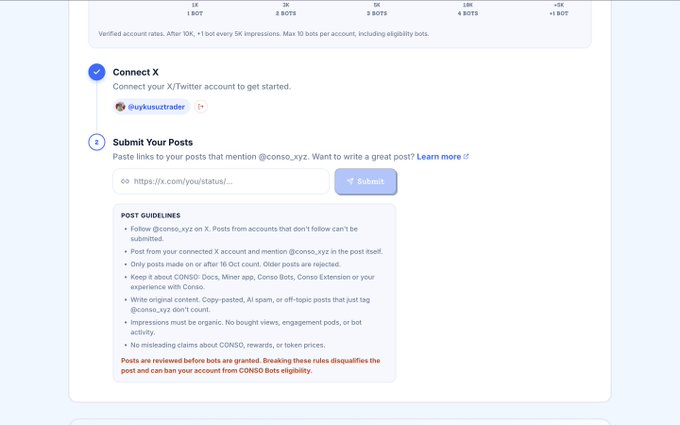 A screenshot of a web interface for submitting posts on the CONSIO platform, showing account '@uykusuztrader' connected and listing post guidelines.