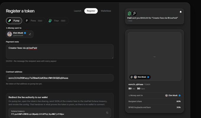 A cryptocurrency platform interface titled 'Register a token' showing a pump.fun token registration for Elon Musk with a contract address and treasury details.
