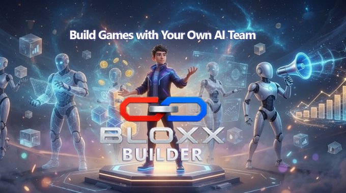 Promotional image for Bloxx Builder with the tagline 'Build Games with Your Own AI Team', featuring a young man surrounded by robots in a futuristic space setting.