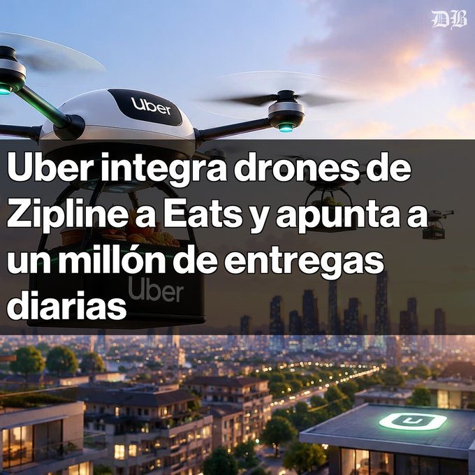 The image displays a headline reading "Uber integra drones de Zipline a Eats y apunta a un millón de entregas diarias," alongside a promotional-style rendering of an Uber delivery drone carrying an "Uber Eats" package over a cityscape at dusk. The visual reinforces the article's announcement of Uber's partnership with Zipline to deploy drone-based food delivery services, aiming for one million daily deliveries.