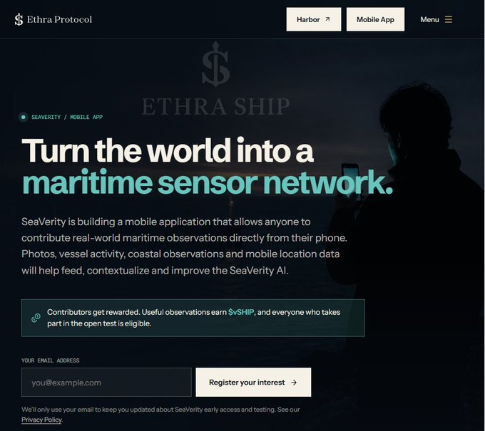 Ethra Protocol website landing page with header text 'Turn the world into a maritime sensor network' and email registration form for the SeaVerity Mobile App.