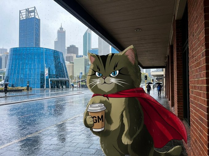 The image features a cartoon cat holding a coffee cup while standing next to a building with a glass facade. The caption of the image reads "GM I don' know what's worse, the state of the markets, or the wet winter weather here in Perth".