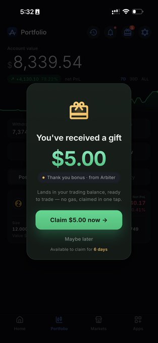 A mobile trading app screenshot showing a Portfolio account value of $8,339.54 with a popup notification: 'You've received a gift $5.00 — Thank you bonus from Arbiter' with a green 'Claim $5.00 now' button.