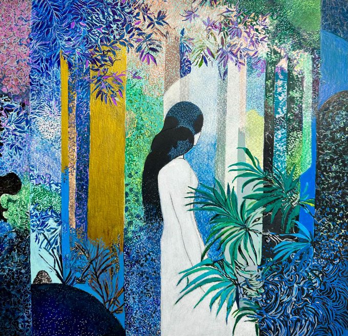 A vibrant, textured illustration depicts a figure in white robes standing among colorful trees and foliage, surrounded by intricate patterns in shades of blue, green, and purple.