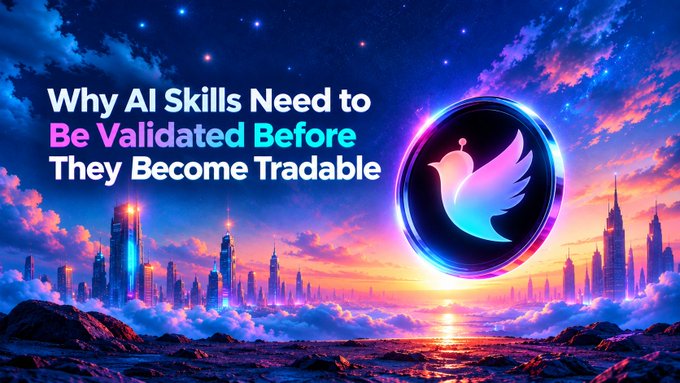 A digital illustration features a futuristic cityscape at sunset with a glowing logo of a bird/dove inside a sphere. The text reads: 'Why AI Skills Need to Be Validated Before They Become Tradable.'