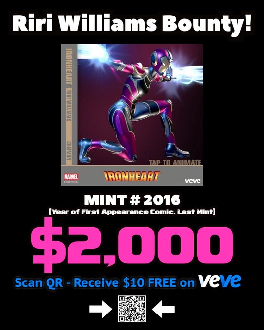 An advertisement shows an Ironheart comic-style NFT collectible titled 'Riri Williams Bounty!' priced at $2,000, MINT #2016, with a QR code offering $10 free on VeVe.
