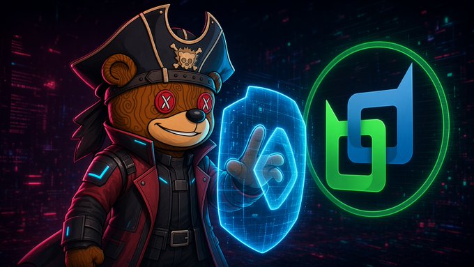 A digital illustration of a pirate-themed bear character with X-shaped eyes and a hat, standing next to a glowing blue shield and a green/blue logo resembling the Beldex symbol.