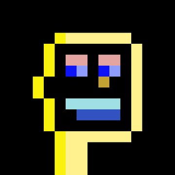 A low-resolution pixel art graphic depicts a yellow square character with a face, resembling an emoji or game sprite.