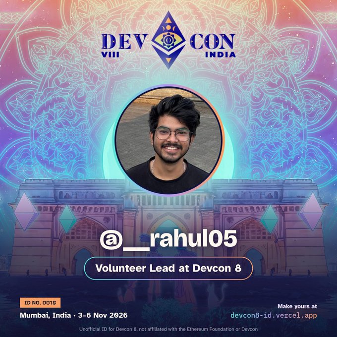A Devcon India event graphic for Devcon 8 in Mumbai, India (3-6 Nov 2026), featuring a profile photo of 'Volunteer Lead at Devcon 8' tagged as '@_rahul05' with ID NO. 0018.