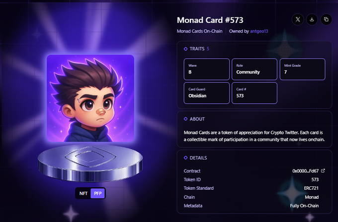 A digital NFT profile for 'Monad Card #573' showing a stylized 3D avatar of a person on a glowing purple platform, with details indicating it was minted on the Monad chain, is owned by antgeo13, and has traits including Wave B and Mint Grade 7.