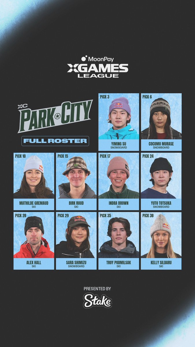 The image displays the XC Park City full roster for the MoonPay X Games League, featuring 10 winter athletes including Yiming Su (Pick 3), Cocomo Murase (Pick 6), Mathilde Gremaud (Pick 10), Birk Ruud (Pick 15), Indra Brown (Pick 17), Yuto Totsuka (Pick 24), Alex Hall (Pick 28), Sara Shimizu (Pick 29), Troy Podmilšak (Pick 35), and Kelly Sildaru (Pick 38), competing in either ski or snowboard disciplines, with the graphic presented by Stake.