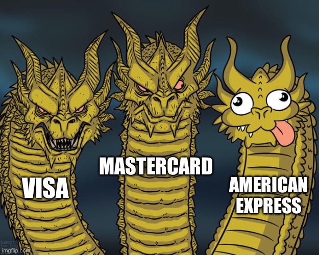 A "Three-Headed Dragon" meme using King Ghidorah imagery to depict Visa, Mastercard, and American Express, with the credit card companies represented as the three dragon heads.

The meme humorously visualizes the post's point: Visa and Mastercard are shown as the powerful, imposing heads of the dragon (reflecting their all-time high stock performance), while American Express is depicted as the silly, derpy third head (representing its bearish downturn)—suggesting AXP is the weak link among the otherwise thriving payment giants.